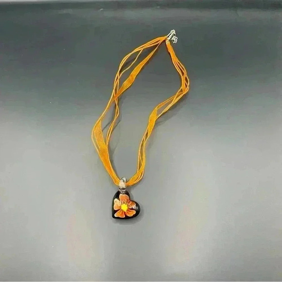 VGT Orange Black Puffy Heart with Star Flower Art Glass Pendant Necklace - Picture 1 of 7